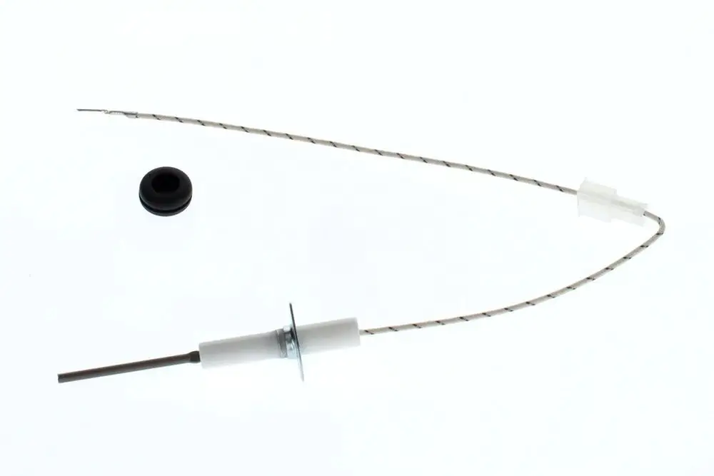 Ionisationselektrode von Bosch mit einem langen, flexiblen Draht und einem runden, schwarzen Gummianschluss. Ein Ende ist mit einer metallischen Sonde ausgestattet.